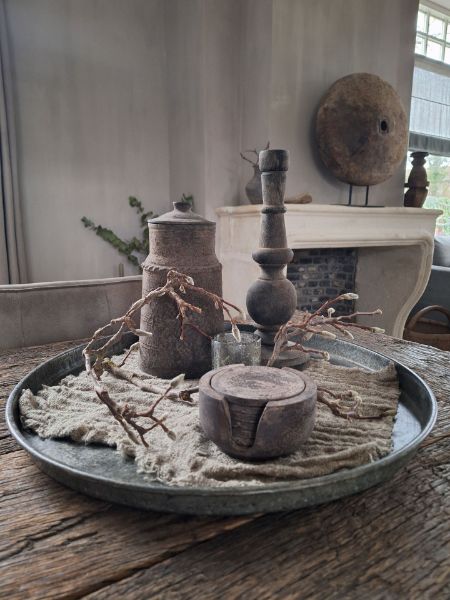Picture of Vintage houten onderzetters in houder Grey finish
